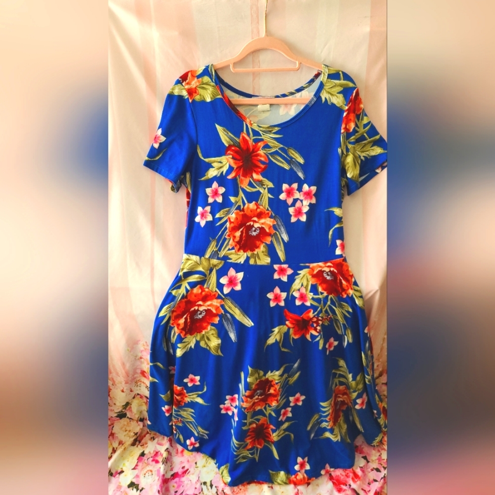 Preowned Blue floral size Xl Midi soft jersey Women dress
